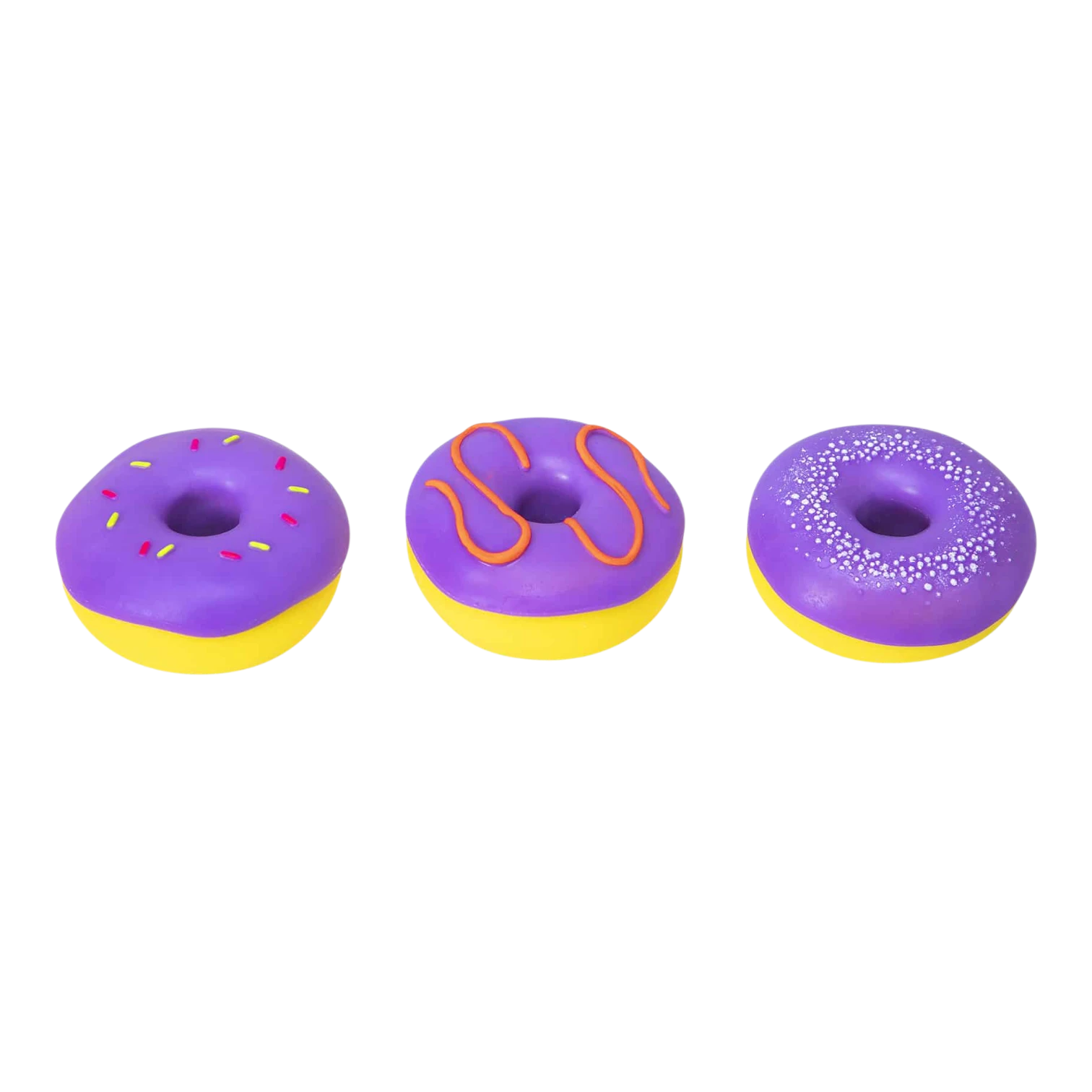 Squish Planet NeeDoh Dohnuts squishy fidget toys in purple with yellow bases. One has pink and yellow sprinkles, another orange icing, and the third white sprinkles.